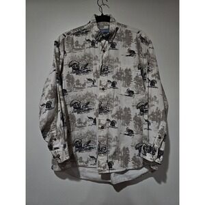 Randy River Shirt Mens Medium White Hunting Turkey Print Long Sleeve Button Up